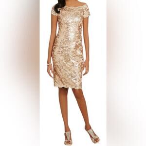 JS Collections NWT‎ Gold Sequin Elegant Mother of Bride Gold Dress- Size 8